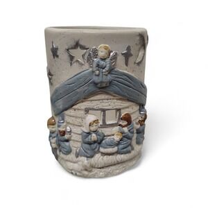 Nativity Scene Candle Holder White Blue Glitter Stars Angels Christmas Decor 4"